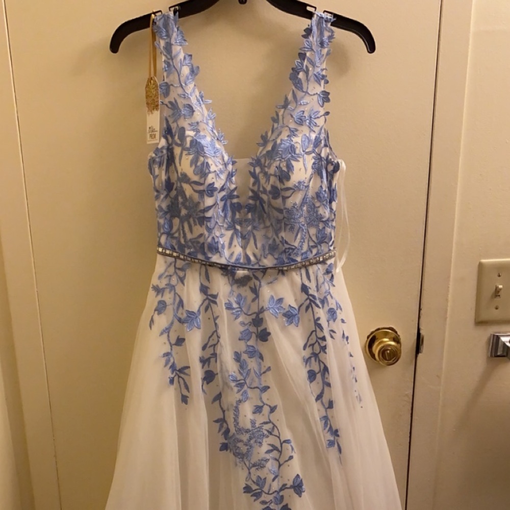 A beautiful, white and blue, with a beaded belt and floral design.